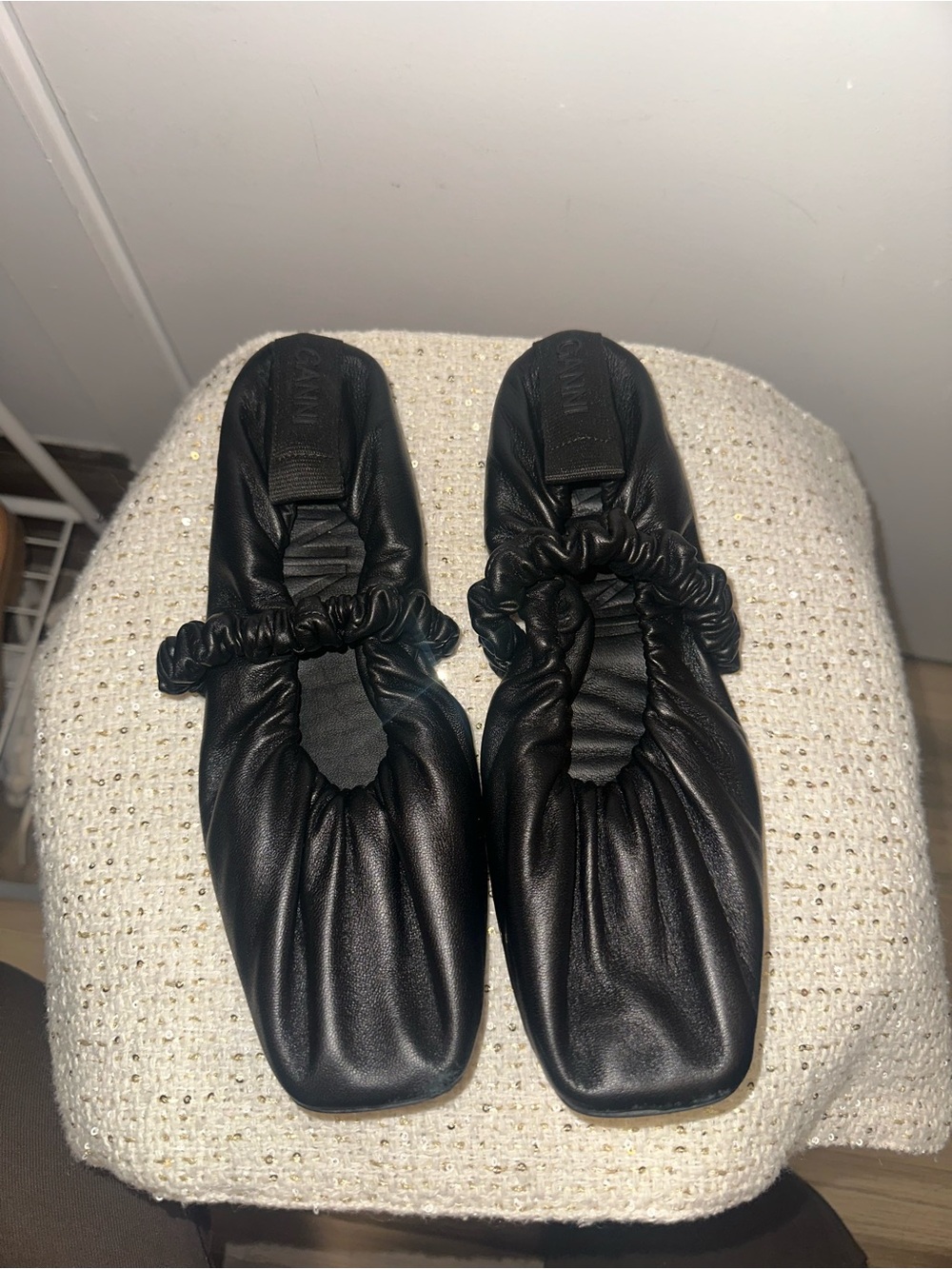 Ganni Black Leather Ruched Ballet Flats - Women